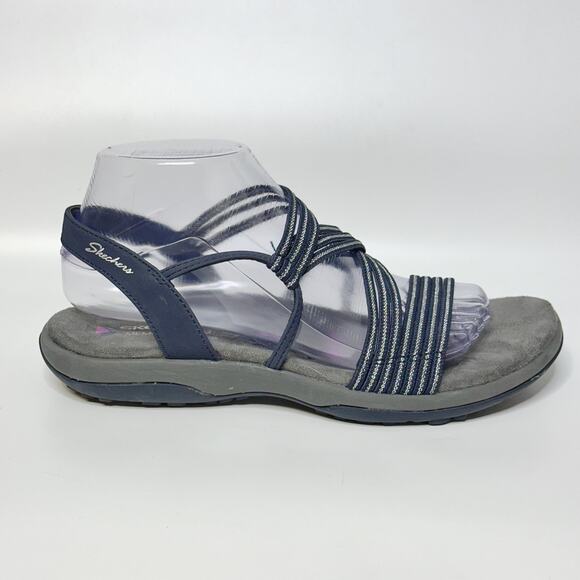 SKECHERS Memory Foam Reggae Slim Stretchy Comfort Sport Sandal Blue Gray Sz 9 - Picture 2 of 9